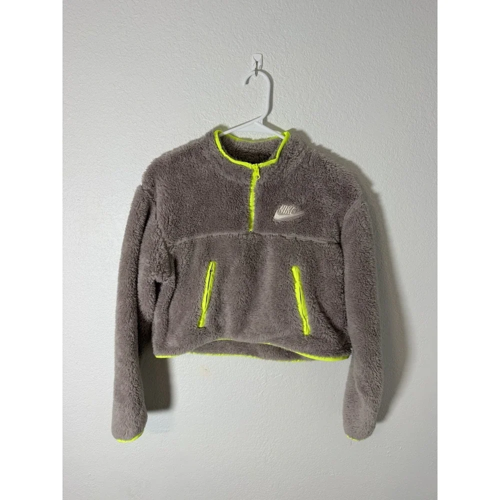 NIKE Womens Small Neon Cropped Fuzzy Pullover 1/4 Zip Mock Neck Pockets